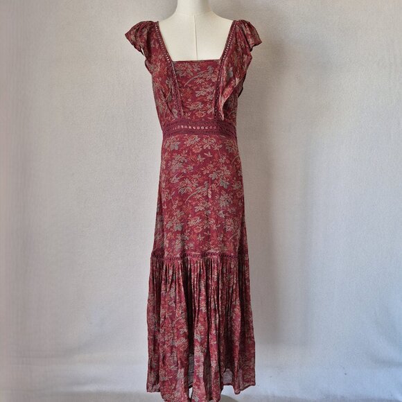 Sundance Harvest Floral Tiered Maxi Dress Ruffle Cap Sleeve Chiffon Red - Picture 8 of 16